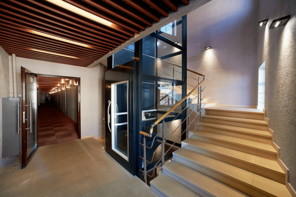 Wheelchair platform lift providing accessible entrance in public space