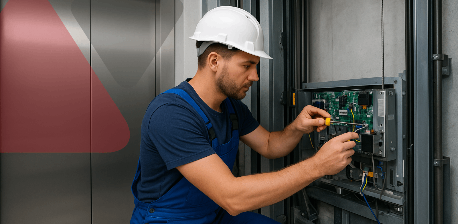 Lift service engineer working on a lift control panel