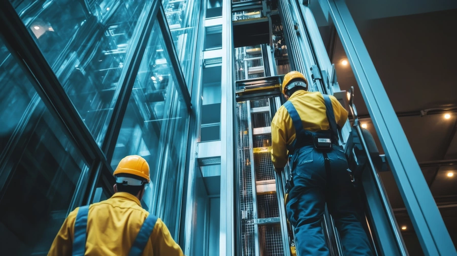 Two lift engineers inspecting an elevator shaft during maintenance work