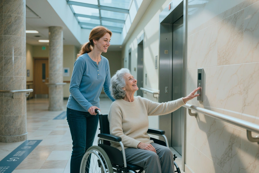 Woman in a wheelchair pressing a lift button with a companion beside her in an accessible building corridor