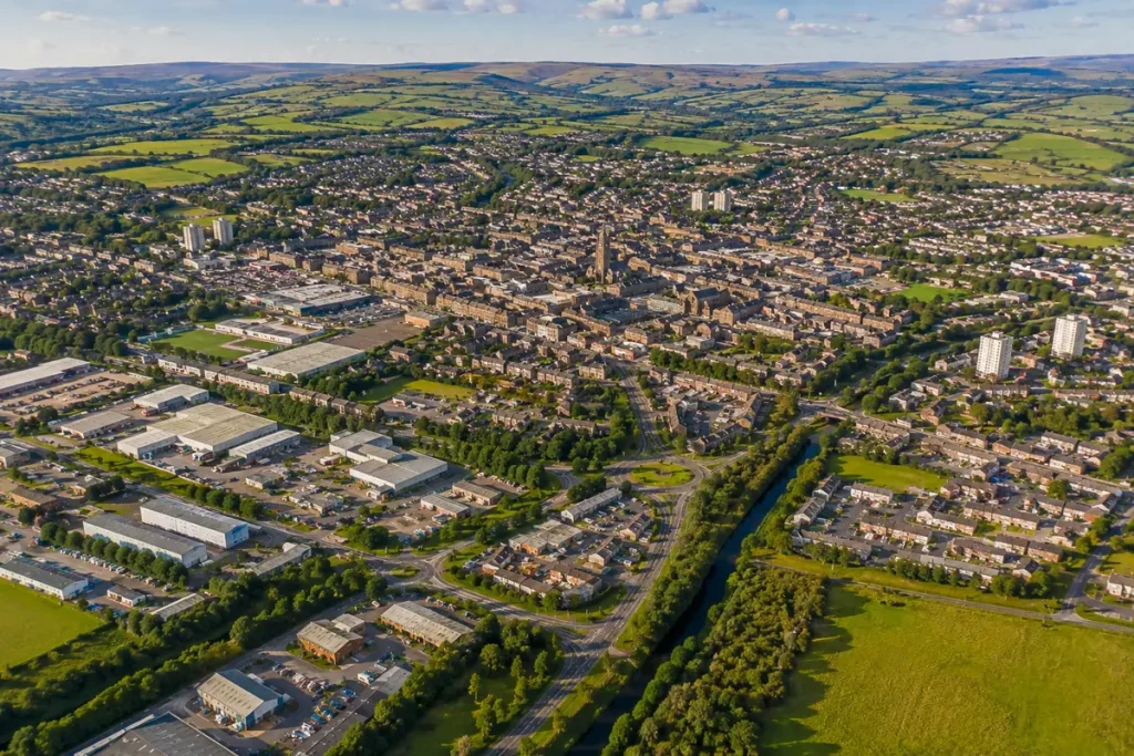 Aerial view of Accrington and surrounding areas in Hyndburn and East Lancashire