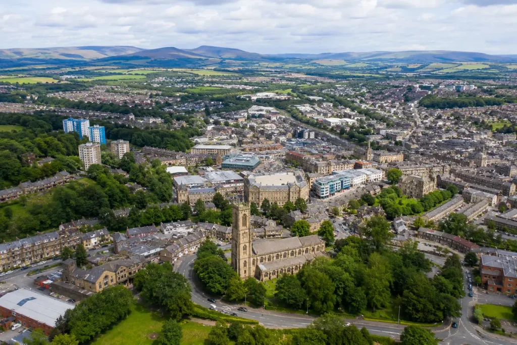 Aerial view of Blackburn and surrounding areas in East Lancashire