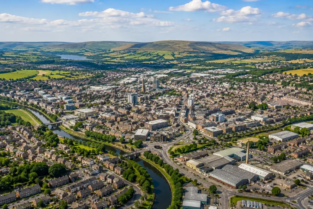 Aerial view of Burnley and surrounding areas in East Lancashire