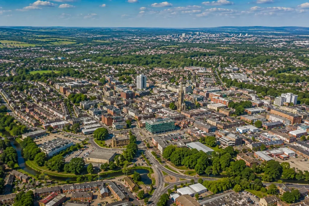 Aerial view of Bury and surrounding areas in Greater Manchester