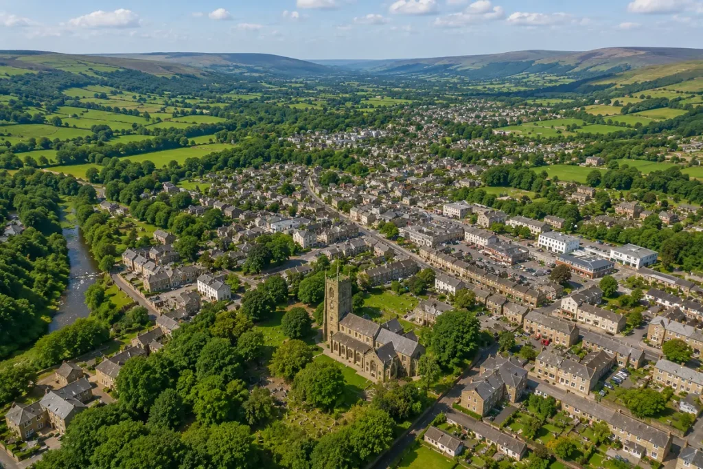 Aerial view of Clitheroe and surrounding areas in the Ribble Valley