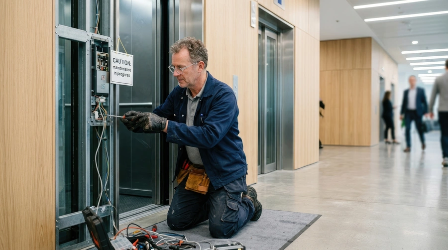 Lift maintenance engineer servicing a commercial lift in an office building