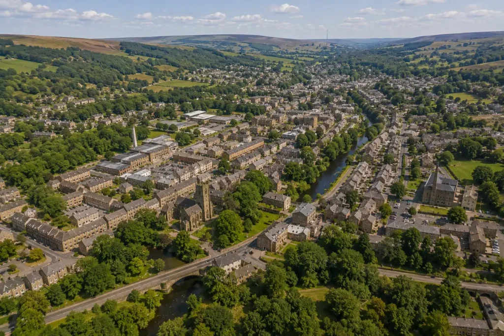 Aerial view of Rawtenstall and surrounding areas in Rossendale