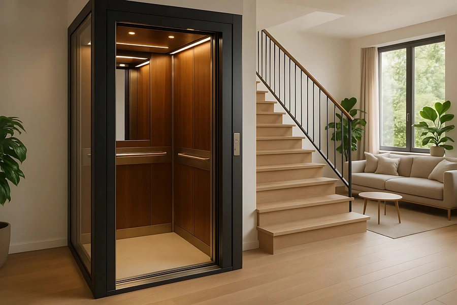 Modern home lift installed beside a staircase in a contemporary house