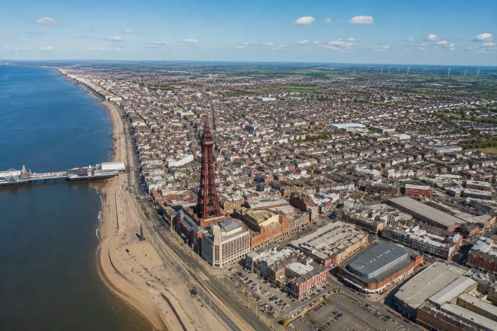 Aerial view of Blackpool and surrounding areas along the Fylde Coast