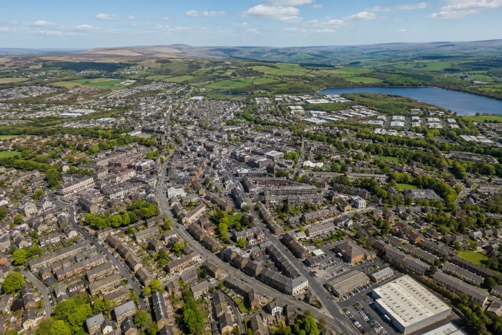 Aerial view of Darwen and surrounding areas in Blackburn with Darwen