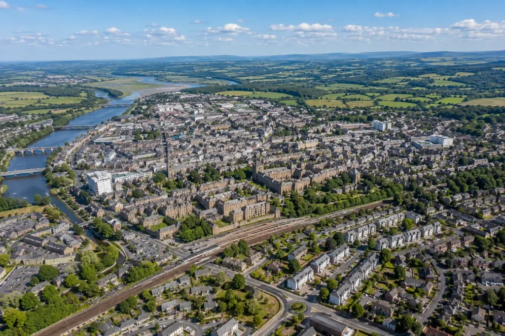 Aerial view of Lancaster and surrounding areas in Lancashire