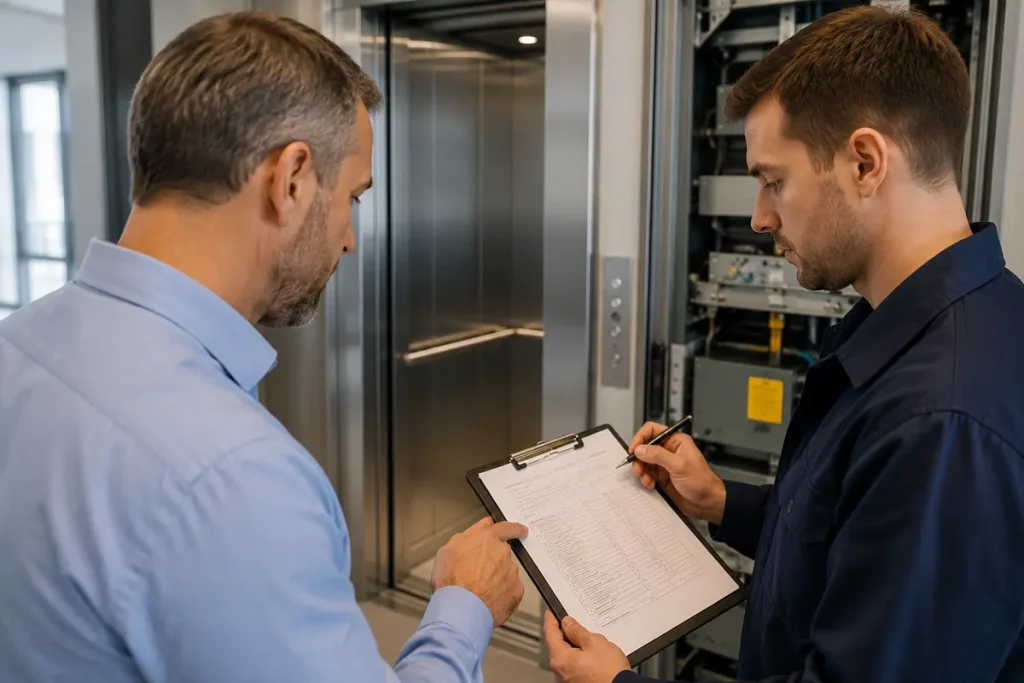 Building manager and lift engineer reviewing a lift maintenance contract beside a passenger lift