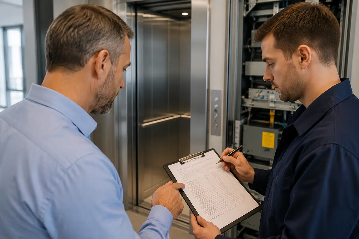Building manager and lift engineer reviewing a lift maintenance contract beside a passenger lift