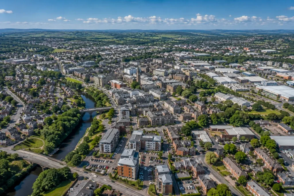 Aerial view of Rochdale and surrounding areas in Greater Manchester