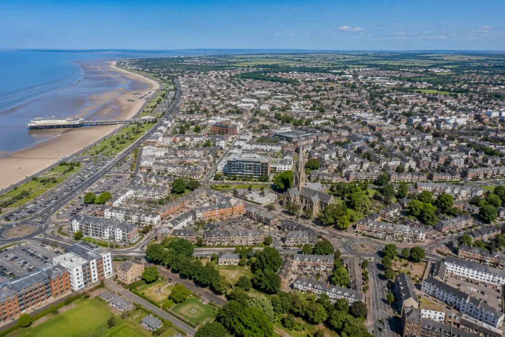 Aerial view of Southport and surrounding areas in Sefton