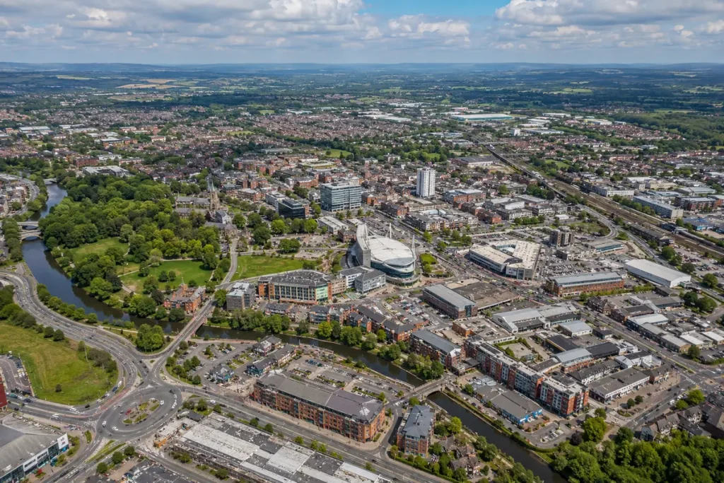Aerial view of Wigan and surrounding areas in Greater Manchester
