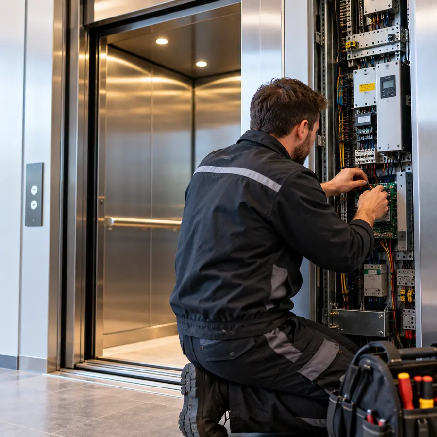 Lift engineer repairing electrical control system beside a passenger lift